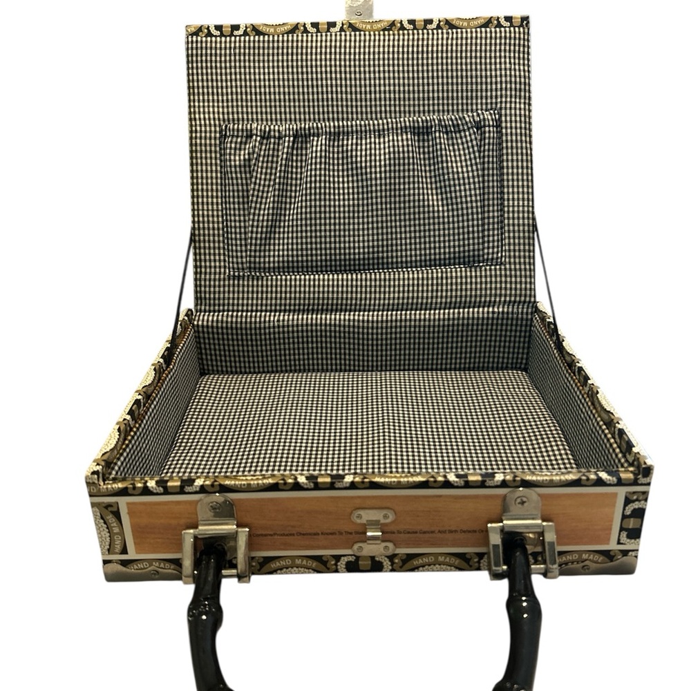 Red hat ladies cigar box tote with latch hook and gingham pattern inside. - Picture 5 of 6
